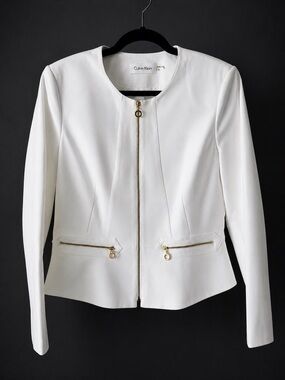 Calvin Klein White Blazer Jacket Zip Front Gold Hardware Peplum | New!